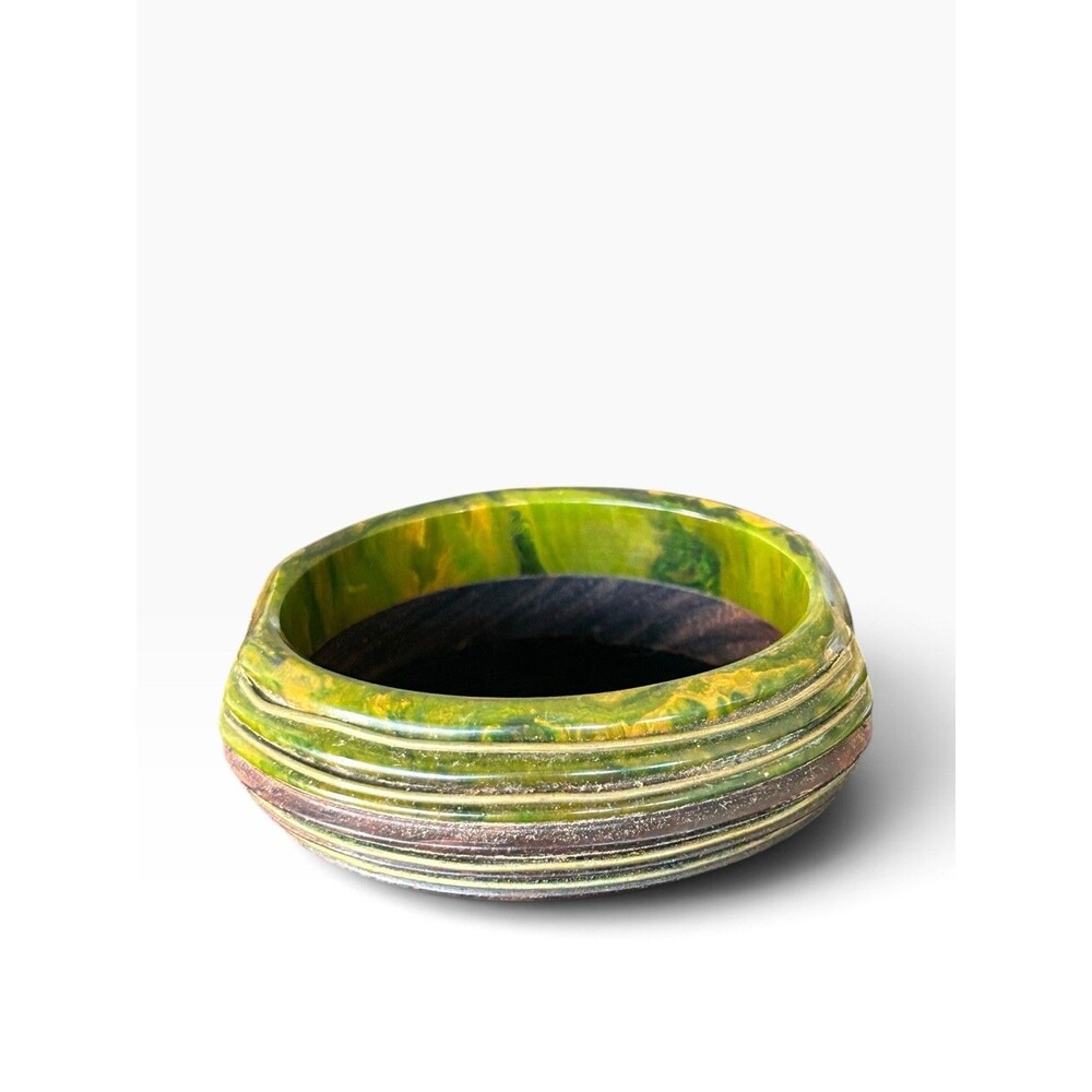 Vintage Bakelite Wood Bangle Bracelet Green Marbled Chunky Mixed Media MCM
